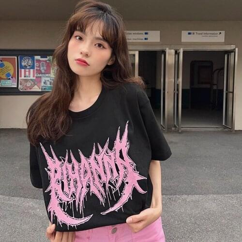 Womens Oversized t-shirt Gothic pink thorns letter Y2K anime harajuku vintage aesthetic goth Top t shirt New sleeve loose tops