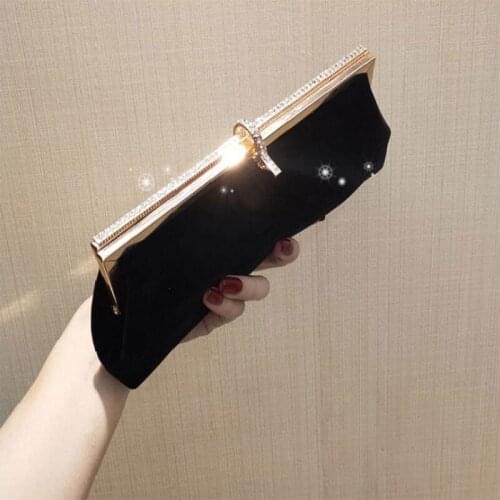 H9ED Retro Black Velvet Evening Clutch Bag Rhinestone Party Handbag Purse with Chain