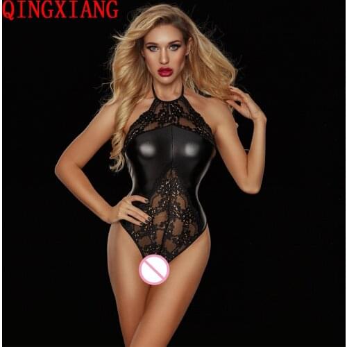 Faux Leather Leotard Tights 2021 Halter Bodysuit Open Lace Panties Sexy Lingerie Female PU DS Game Costume