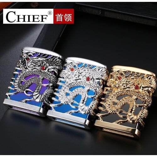 Chief Dragon Pure Copper Kerosene Lighter Creative Embossed Vintage Flint Grinding Wheel Oil Cotton Smoking Machine Gift