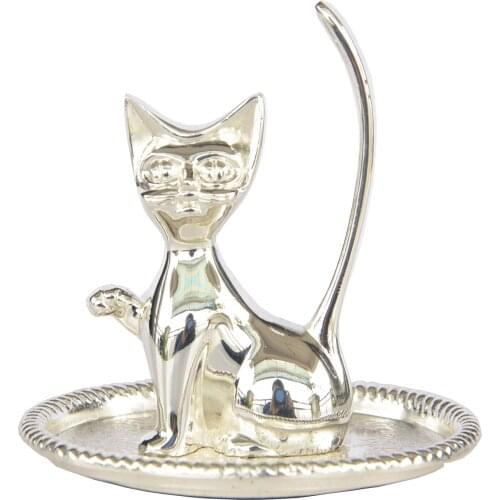 Silver Plated Long Tail Cat Ring Holder Dish Metal Trinket Tray Birthday Gift for Girls Women