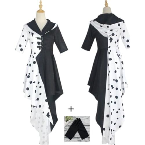 Movie Cruella De Vil Dress Cosplay Costumes Womens Spotted Black White Dresses Gloves Wig Anime 101 Dalmatians Halloween Party