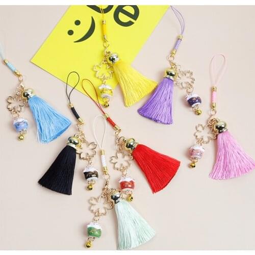 Beautiful Smart phone Strap Lanyards for iPhone Samsung Decor Cherry Flower Tassel Cat Bell Mobile Phone Strap Rope Phone Charm