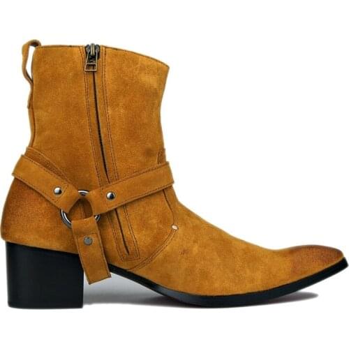 Plus Size 47 Pointed Toe Cowboy Boots Men Fashion Brand Genuine Cow Suede Leather Buckle Motorcycle Boots Safety Botas Hombre