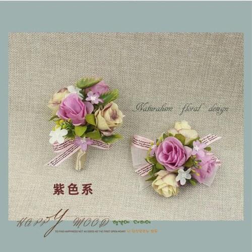 DIY New Creative Purple Rose Corsage&Wrist Flowers Groomsman Article Flowers Wedding Party Decorative Corsage and Wrist Flowers
