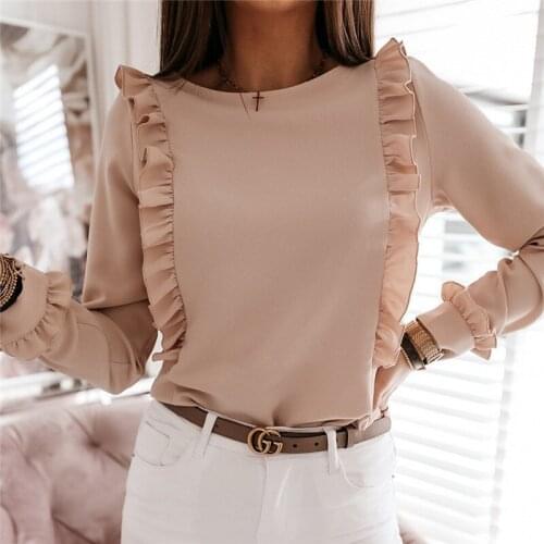 Autumn Womens Shirts, Long-sleeved Round Neck, Lotus Lace, Fashionable Intellectual Clothing Office Ladies Wear