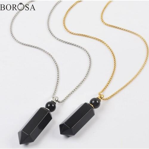 Natural Black Obsidian Prism Perfume Bottle Necklace Hexagon Stone Essential Oil Diffuser Pendant Necklaces for Women WX1757