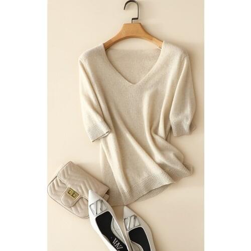 Simple casual v neck short sleeve 100% cashmere sweater tee for women