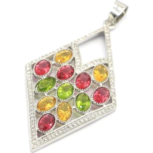 61x30mm Multi Color Long Created Garnet Citrine Peridot Violet Tanzanite CZ For Sister Wedding Silver Pendant Eye Catching