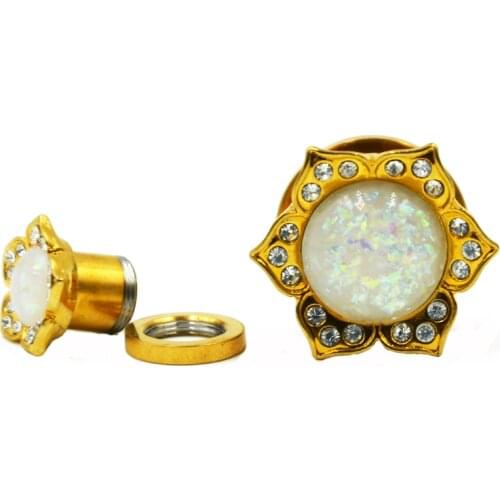 Showlove 2pcs Gold Gemed Flower Screw Fit Flesh Ear Tunnel Pericng Plug with Synthetic Opal Body Jewelry