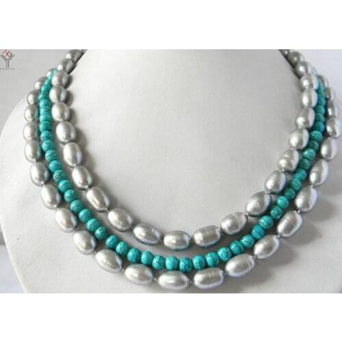 Wedding Women Jewelry 3 Rows Necklace gray Pearl blue howlite bead mixed Necklace Natural Freshwater Pearl