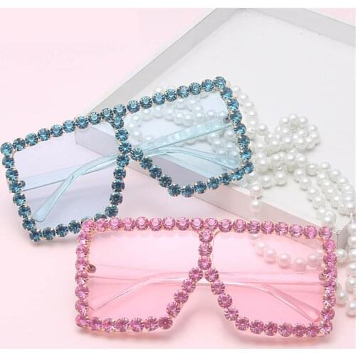 11 Colors Avaliable Big Square Frame Trendy Sunglasses with Colorful Diamonds Female Famous Brand Vintage Sun Glasses