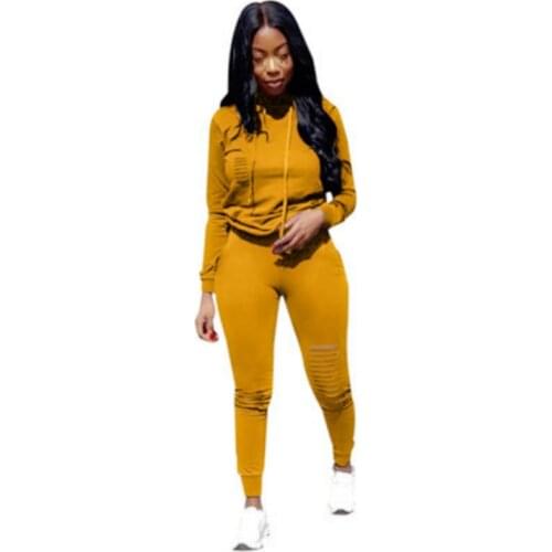 Spring 2 Piece Suit Outfits Clothes Two Piece Set Long Sleeve Hoodie Ripped Pants Jogger Cut Out Hole Sweatshirt Women Tracksuit