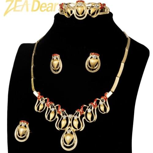 ZEADear Jewelry Sets Hot Sale Bridal Wedding Flower Red Blue Stone Earrings Necklace Bracelet Ring For Women Romantic Gift