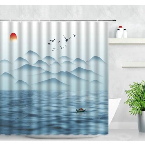 Chinese Style Shower Curtains Sun Bird Mountain 3D Natural Landscape Ink Painting Art Modern Decor Waterproof Bath Curtain Sets