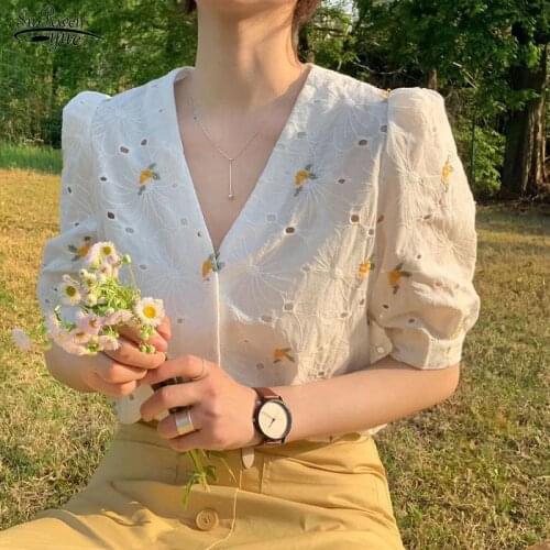 Summer 2021 Korean Puff Short Sleeve Blouse Sweet Hollow Out Loose Women Tops Chic V-neck Embroidery Floral Women Blosues 15171