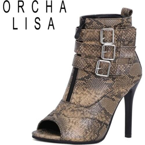 ORCHA LISA 2021 Cool Ladies Ankle Boots Snake Print Open Toe Hook Loop Belt Buckle 11cm Strange Thin Cover Heel US17 Black A4339