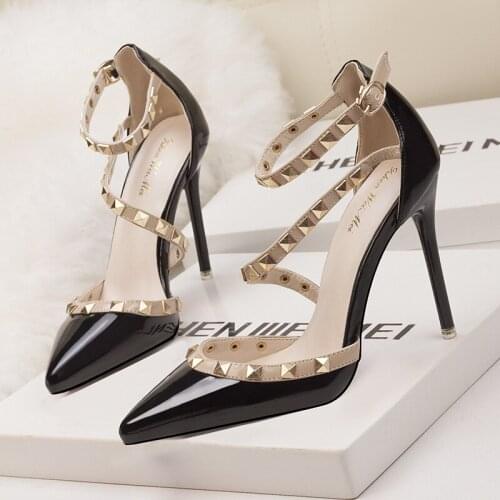 NEW 10CM PUMPS Simple sexy nightclubs with thin heel high heel shallow pointed head rivet hollow word belt womens shoes