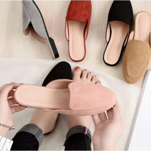 Womens Winter Pumps Slippers Slip on Solid Toe-Covered Ladies Casual Low Heel Mules Home Shoes Female Lazy Slides Woman Sandals