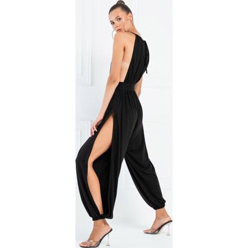 Black Gathered Slit Jumpsuit Ladies Clothes 2021 Spring Summer New Season Creation Fashion Trend Female Jumpsuits
