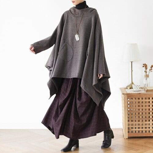 Johnature Women Bat Sleeve Pullover Sweatshirts Pockets 2020 Autumn New Solid Color Plus Size Women Cotton Irregular Hoodies