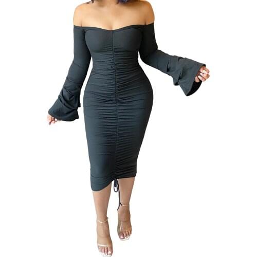 2021 Hot Sale Spring And Summer Slash Neck Women Flare Sleeve Off Shoulder Bodycon Dress For Woman New Style