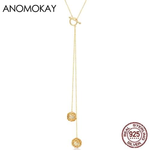Anomokay Korea Trendy Simple Openwork Flower Round Ball Gold Color Long Link Sweater Necklace Real 925 Sterling Silver Necklace