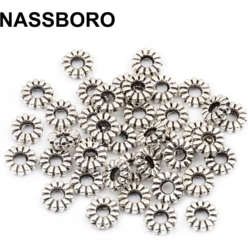 100pcs/lot 2*6mm Antique Silver Flat Round Circle Flower Spacer Beads DIY Jewelry Accessories Beaded Bracelet Handmade Craft