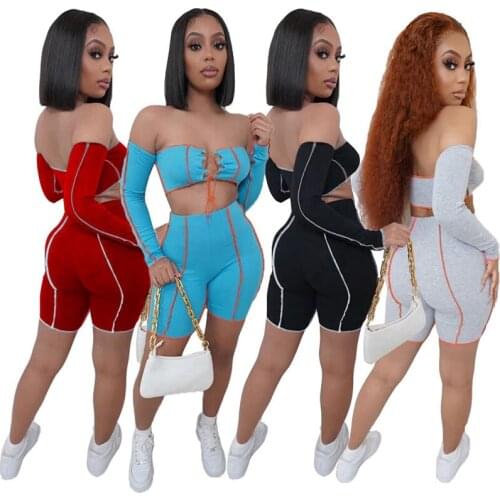 2021 Summer Women Two Piece Set Solid Long Sleeve Salsh Neck Bandage Crop Top And Shorts Joggers Sexy Nightclub Suit S-XXL