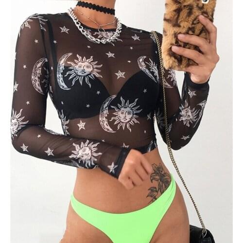 2021 Women Sexy Harajuku Mesh Tops Long Sleeve See Through T Shirt Transparent Sun Moon Star Print T-shirt Femininas Clubwear