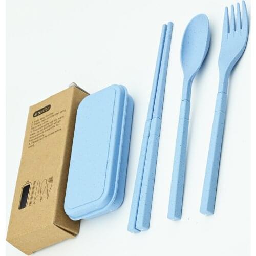 3pcs Portable Foldable Cutlery Set Wheat Straw Tableware Outdoor Camping Kids Dinner Set With Mini Box Dropshipping Dinnerware