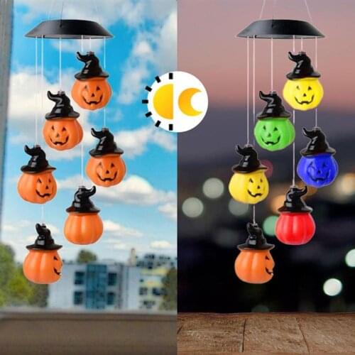 Solar Colorful LED Halloween Pumpkin Wind Chime Light Gradient Pumpkin Night Light Lamp Garden Halloween Party Decoration Lights