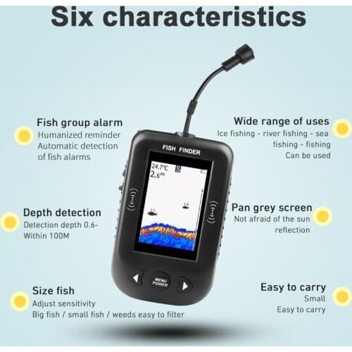 Upgraded Xf02-C Portable Fish Finder 9M Cable Echo Sounder Alarm 0.6-100M Depth Fishfinder Transducer Sensor Sonar Colorful Sc