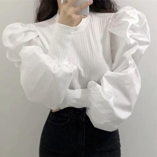 IMucci 2020 womens tops and blouses white black round collar korean fashion lantern sleeve pleated women shirt tide TM1002