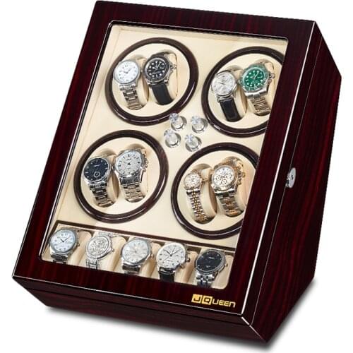 JQUEEN Automatic Ebony Baking Finish Watch Winder with 5 Storage Case 5 Modes Beige PU Leather Interior for Mechanical Watch