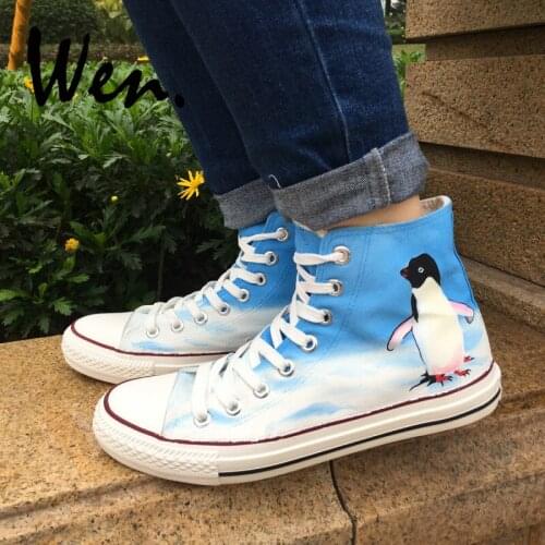 Wen Design Custom Hand Painted Sneakers Penguin Men Womens High Top Canvas Shoes Platform Skateboarding Plimsolls Lace up