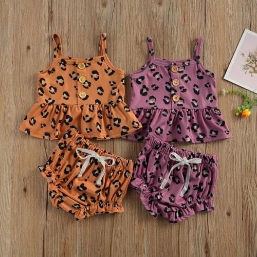 Newborn Baby Girls Clothes Sets 2-piece Outfit Set Sleeveless Leopard Print Single Breasted Tops+Shorts Set