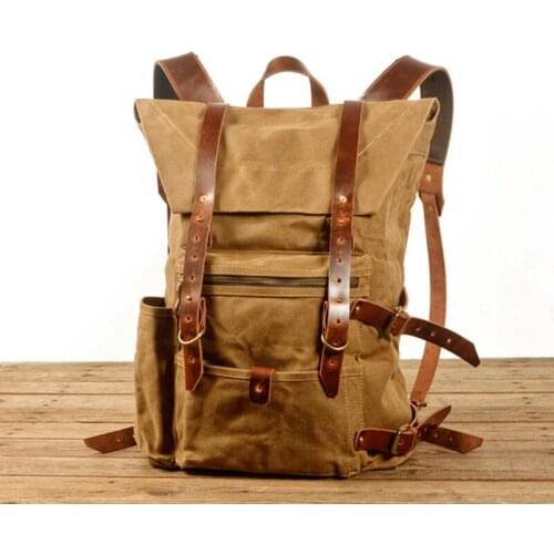 Leather Backpack Retro Handmade Outdoor Travel Mountaineering Backpack Waterproof Wax Washed Canvas Stitching