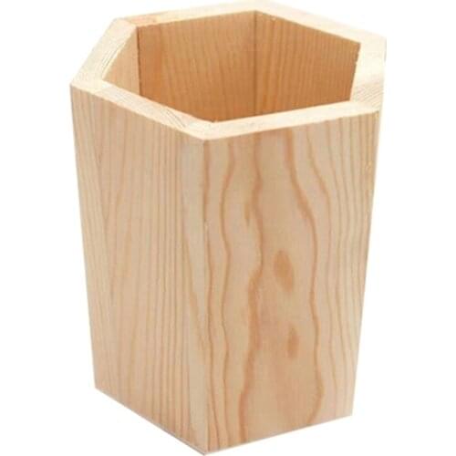 Square/Round/Hexagon Wooden Home Makeup Brush Container, Pen Pencil Pot Storage Box for Office Desktop Supplies