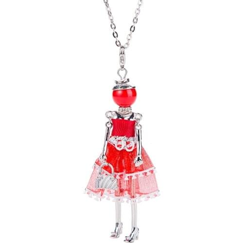 Lovely Black Leather Tassel Dress Doll Pendant Necklace Long Chain Red Beige Dress Girl Big Choker Statement Necklaces For Women