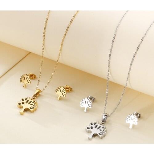 Fashion Women Silver Color Gold Stainless Steel Round Pendant Necklace Sets Jewelry