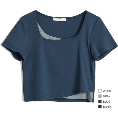 Fashion Design Fake 2 Pices Women T-Shirts Summer New Square Collar Slim Short Empire Short-Sleeved Female Pulls Tops Tees