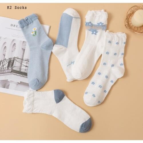 New Kawaii Lolita JK Lace Women Socks Cotton Harajuku White Chrysanthemum Streetwear Fashion Girls Loose Soft Bubble Sockings