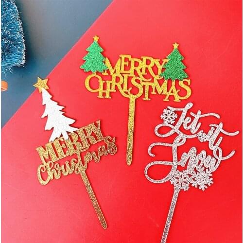 New Merry Christmas Cake Topper Glitter Let it Snow Acrylic Cupcake Topper for Xmas Party Cake Decorations Christmas Tree Decor