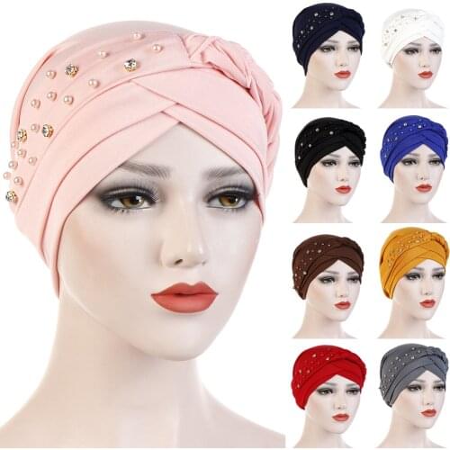 Braid Wrap Beading Jersey Hijab Muslim Women Elastic Rhinestone Decor Headband Islamic Turban Easy Cap Chemo Hat Bonnet Headwrap