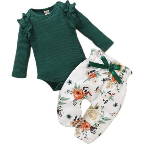 Newborn Girls Fall Outfits 18 Month Baby Girl Clothes Solid Green Ruffles Long Sleeve Romper Floral Print Pants+Headband Set