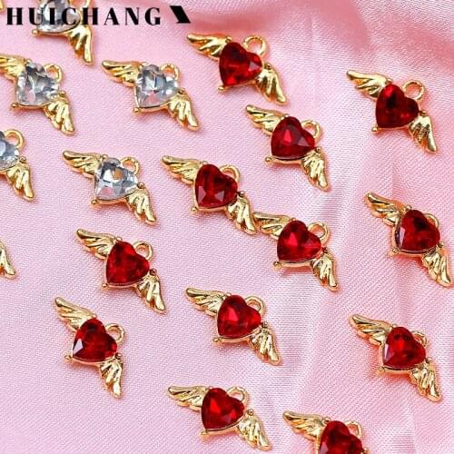 10Pcs Shiny Crystal Heart Wing Charms 17*10mm Gold Color Alloy Handmade Necklace Charm DIY Earrings Jewelry Finding Accessories