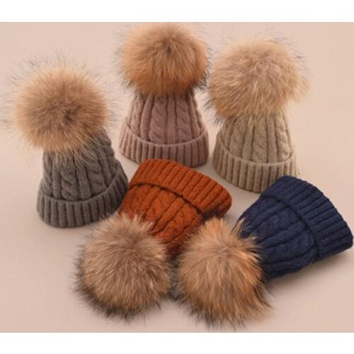 Winter Chilfdrens Thick Knitted Hat With Real Mink Fur Ball PomPoms Baby Boy Girls Hat Knitted Beanies Cap Hat Kids Skullies