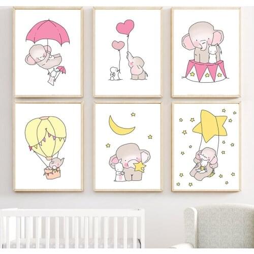 Elephant Rabbit Balloon Moon Stars Cartoon Wall Art Canvas Painting Nordic Posters And Prints Wall Pictures Baby Kids Room Decor