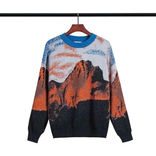 Sweater Men Streetwear Retro Mountain Pattern Hip Luxury Brand New Pull O-neck Oversize Couple Casual Mens Sweaters
